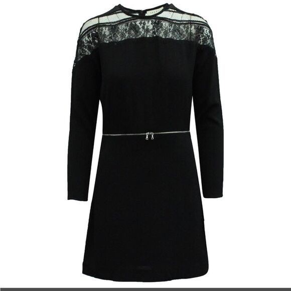 Sandro Paris Lace Long Sleeve Viscose Mini Dress Black Zipper Waist Sz Small - Picture 1 of 17